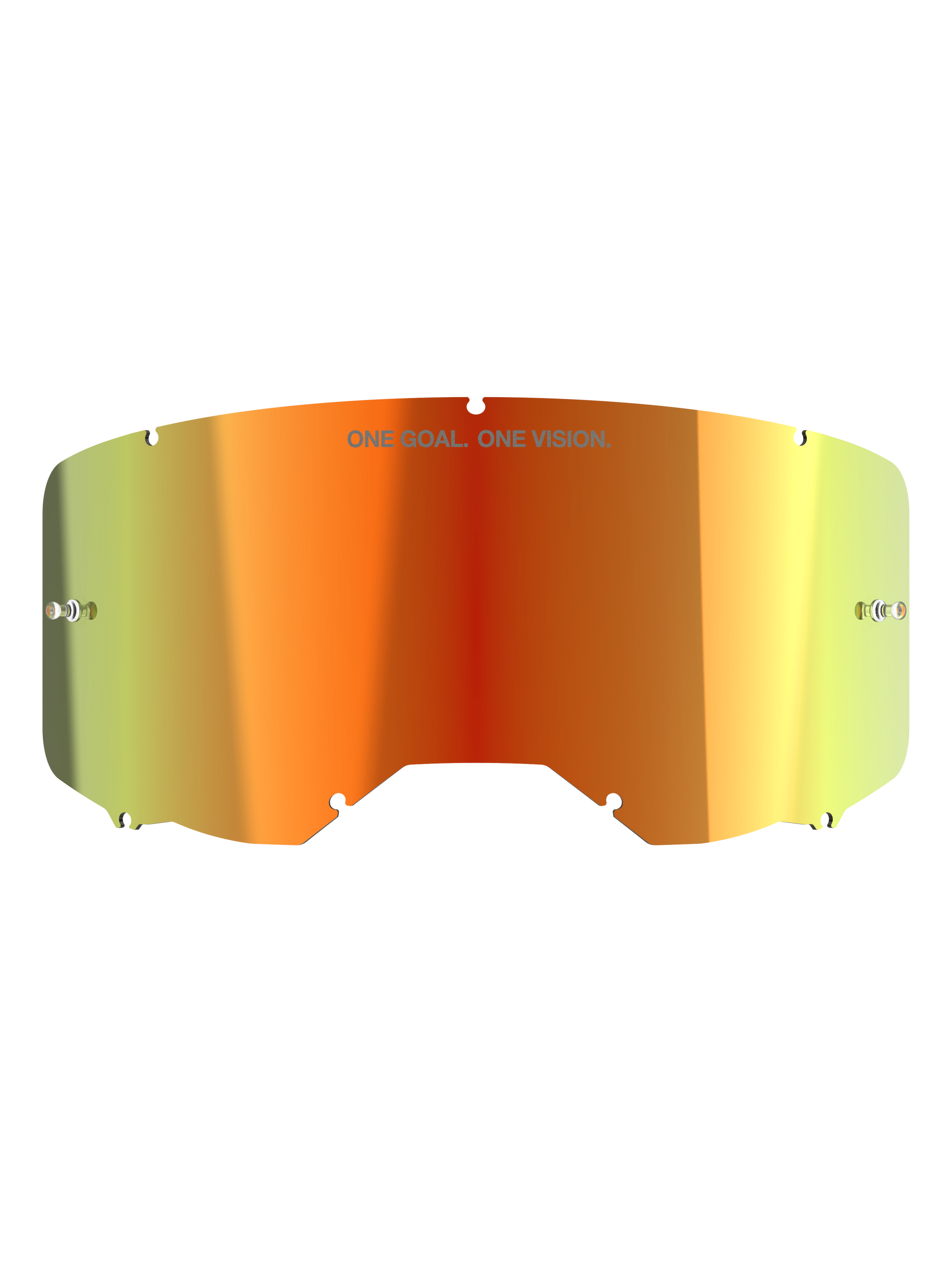 Alpinestars Vision 8-5-3 Mirror Lens, Motocross Goggle Accessory, Mirror Red finish with orange and yellow gradient, featuring 'ONE GOAL. ONE VISION.' text, integrated tear-off posts, and notched edges for secure frame mounting.