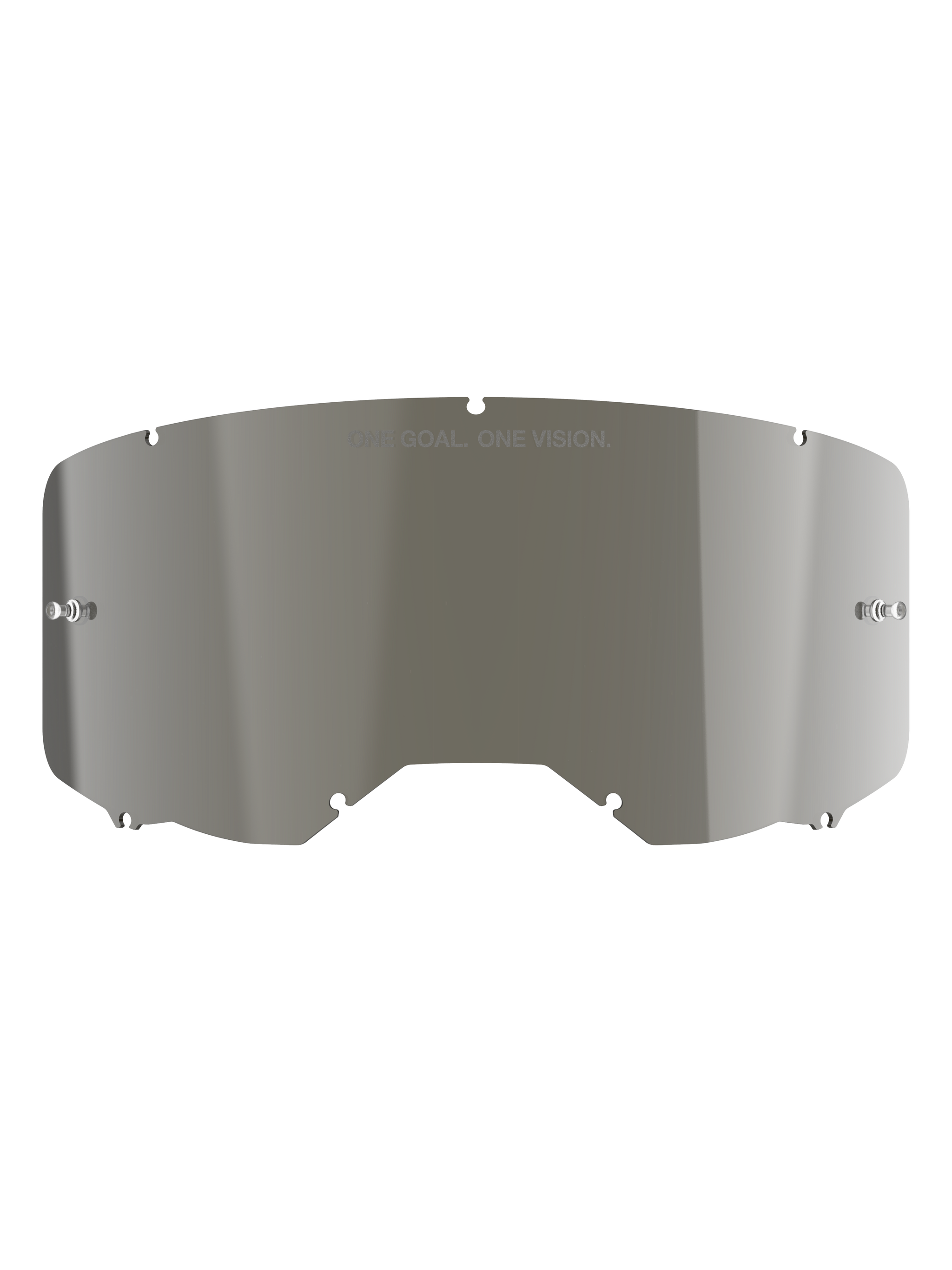 Alpinestars Vision 8-5-3 Mirror Lens, Mirror Silver reflective finish, curved polycarbonate construction with 'ONE GOAL. ONE VISION.' branding, integrated tear-off posts, replacement lens for motocross goggles