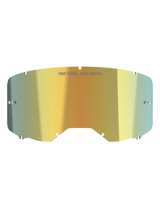 Alpinestars Vision 8-5-3 Mirror Lens, Motocross Goggle Accessory, Mirror Gold, reflective metallic finish with "ONE GOAL. ONE VISION." text, integrated tear-off posts, seven keyhole locking system, high-clarity polycarbonate for off-road racing