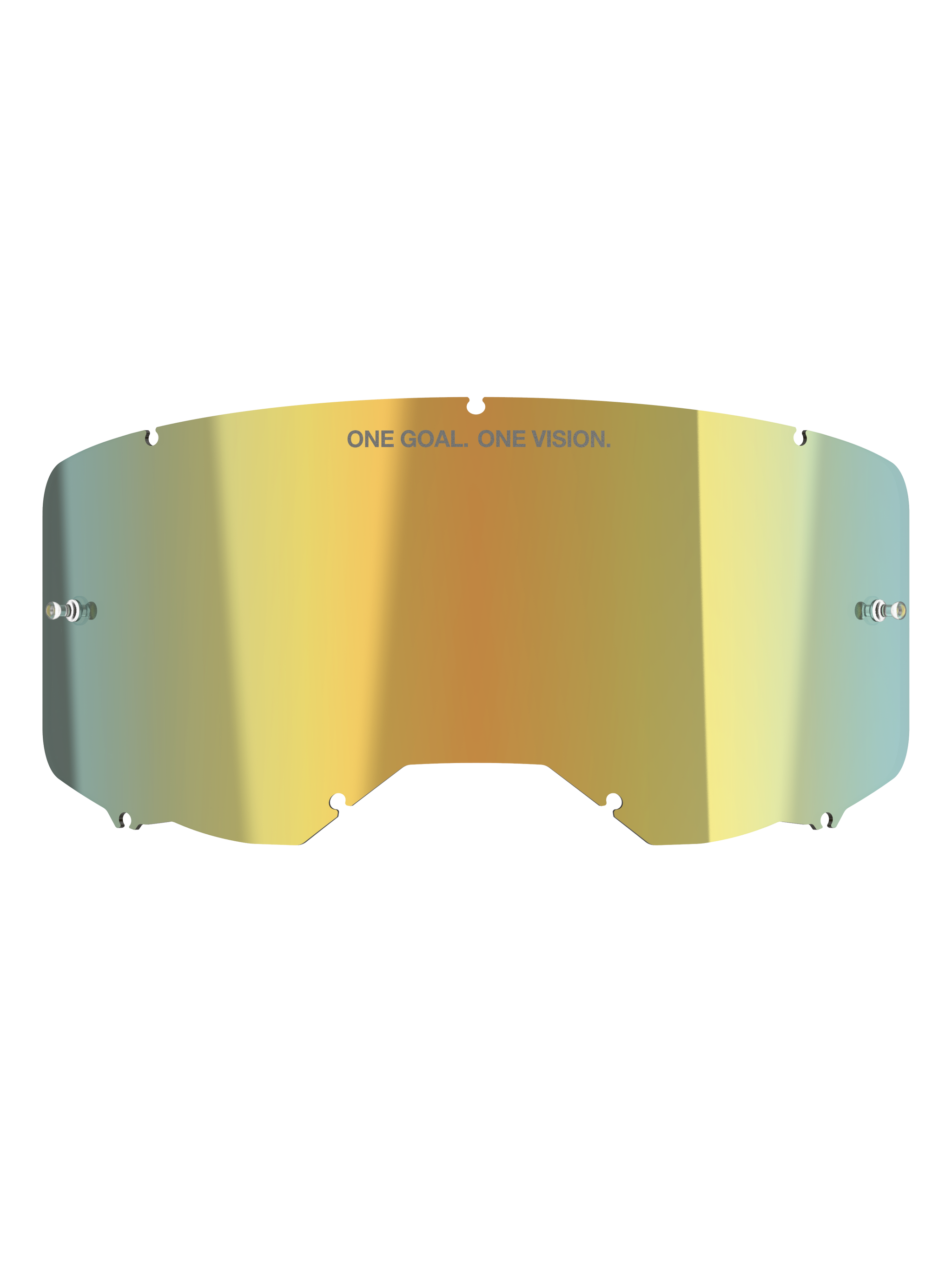 Alpinestars Vision 8-5-3 Mirror Lens, Motocross Goggle Accessory, Mirror Gold, reflective metallic finish with "ONE GOAL. ONE VISION." text, integrated tear-off posts, seven keyhole locking system, high-clarity polycarbonate for off-road racing