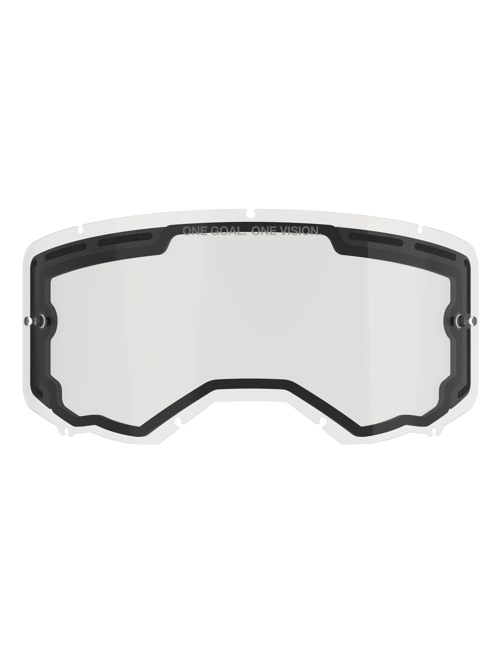 Alpinestars Vision 8-5-3 Dual Pane Lens, Clear replacement lens for motocross goggles, featuring a black inner seal with top ventilation ports, side tear-off posts, "ONE GOAL ONE VISION" branding on the upper border, off-road racing accessory