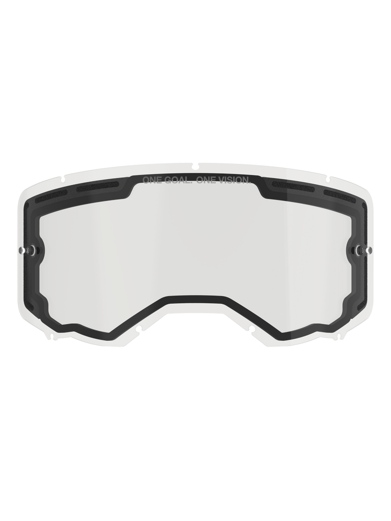 Alpinestars Vision 8-5-3 Dual Pane Lens, Clear replacement lens for motocross goggles, featuring a black inner seal with top ventilation ports, side tear-off posts, "ONE GOAL ONE VISION" branding on the upper border, off-road racing accessory