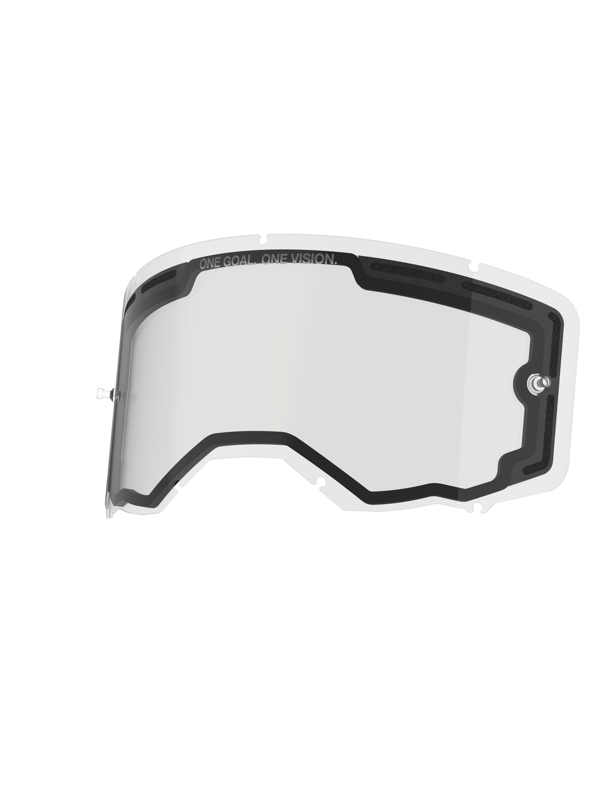Alpinestars Vision 8-5-3 Lens Dual Pane, Clear goggle replacement lens, featuring dual-pane construction with foam-backed ventilation, integrated tear-off posts, and seven-keyhole locking system, "ONE GOAL. ONE VISION." printed on the top rim