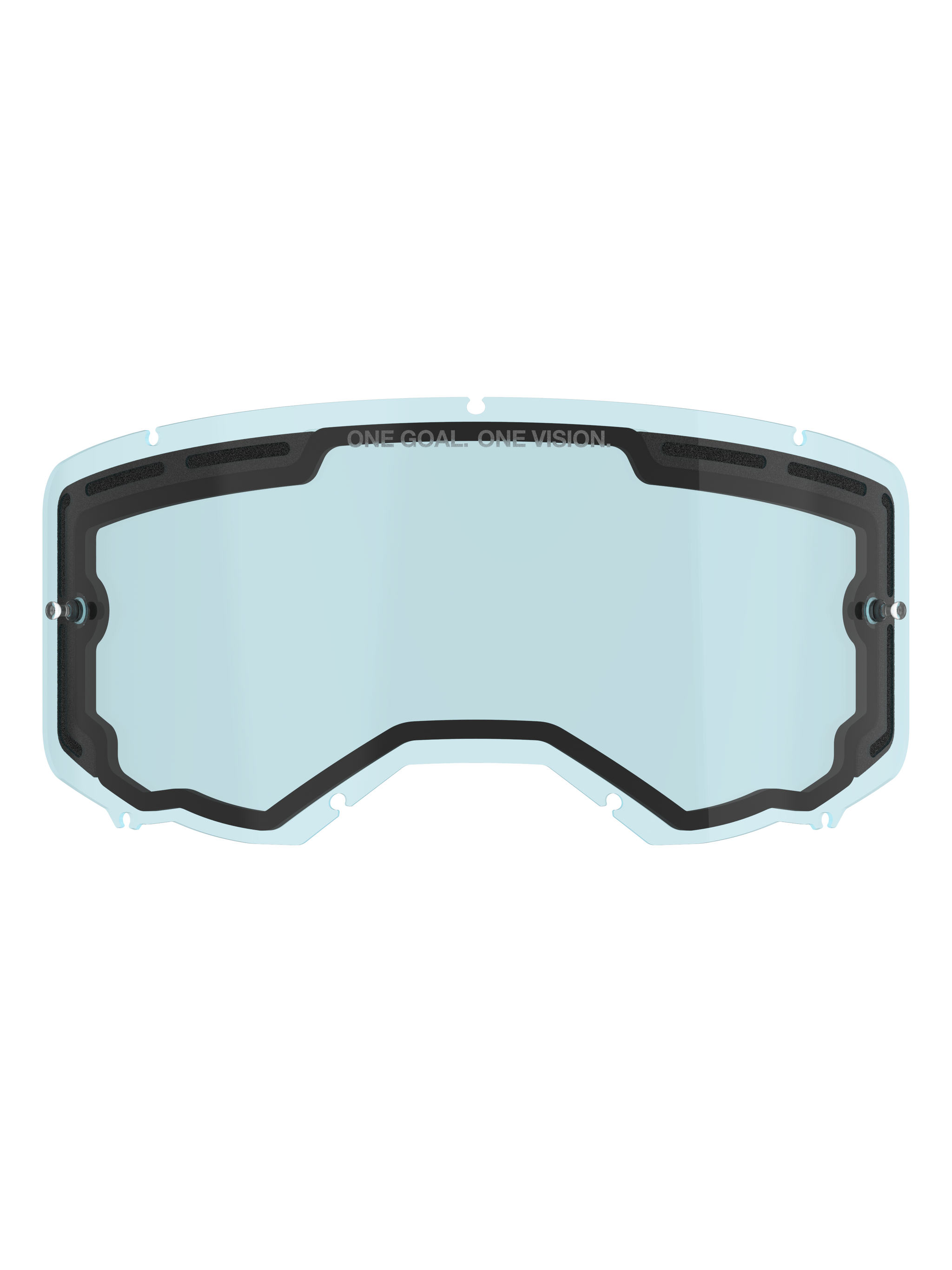 Alpinestars Vision 8-5-3 Dual Pane Lens, Light Blue tinted replacement goggle lens, black inner seal with "ONE GOAL. ONE VISION." branding, side tear-off posts, curved design with top ventilation for motocross and off-road riding