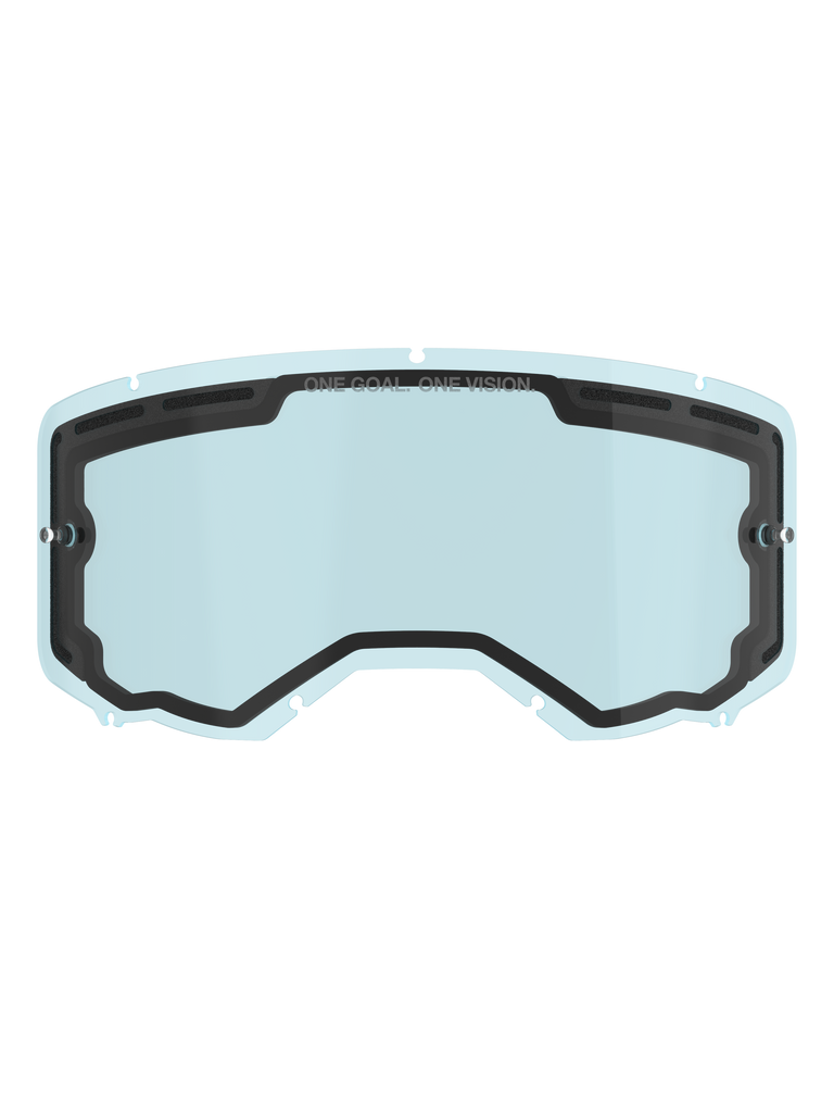Alpinestars Vision 8-5-3 Dual Pane Lens, Light Blue tinted replacement goggle lens, black inner seal with "ONE GOAL. ONE VISION." branding, side tear-off posts, curved design with top ventilation for motocross and off-road riding