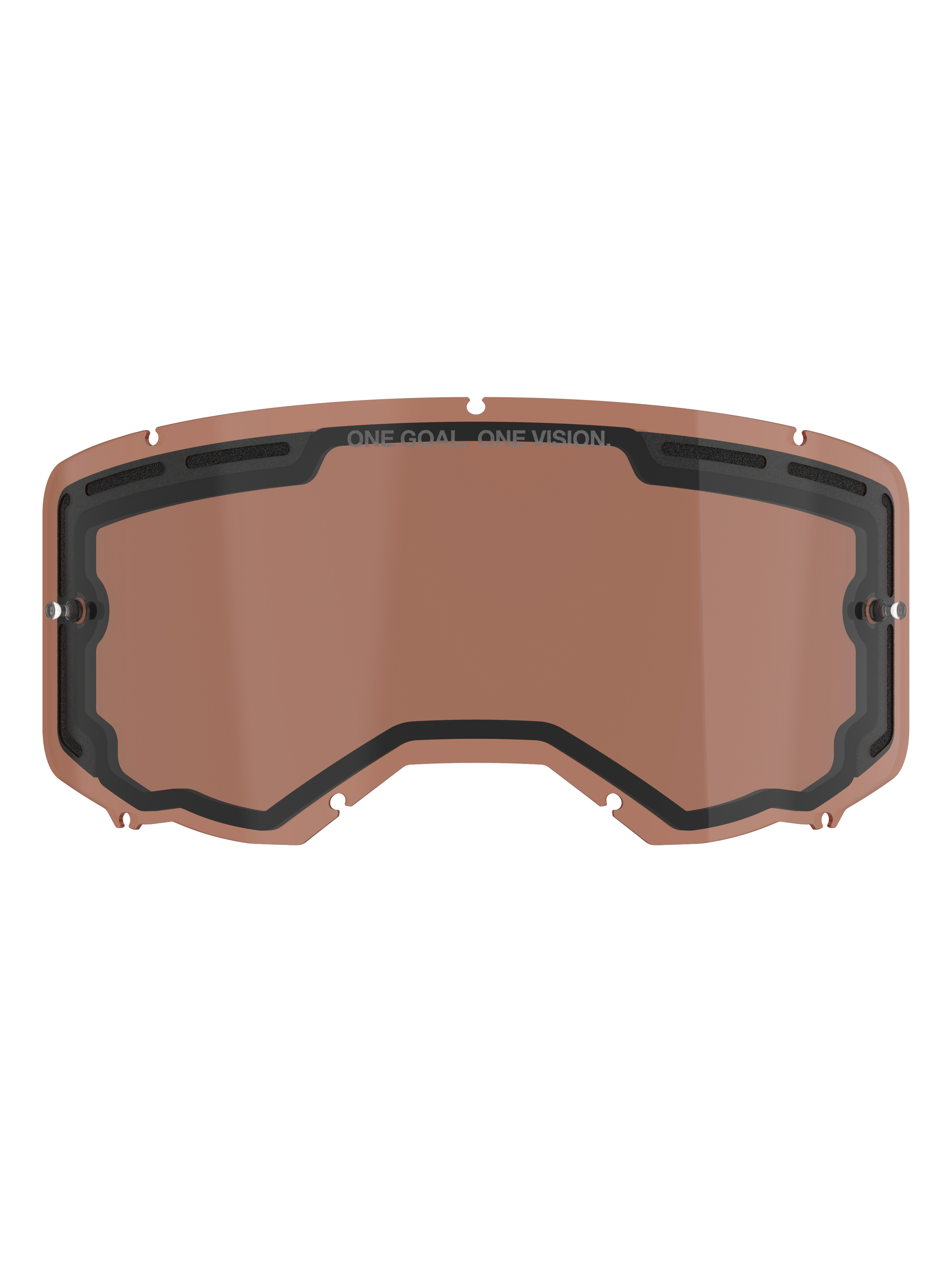 Alpinestars Vision 8-5-3 Dual Pane Vented Lens, Copper Rose tinted replacement lens for motocross goggles, featuring integrated tear-off posts, top ventilation ports, and ONE GOAL ONE VISION branding.