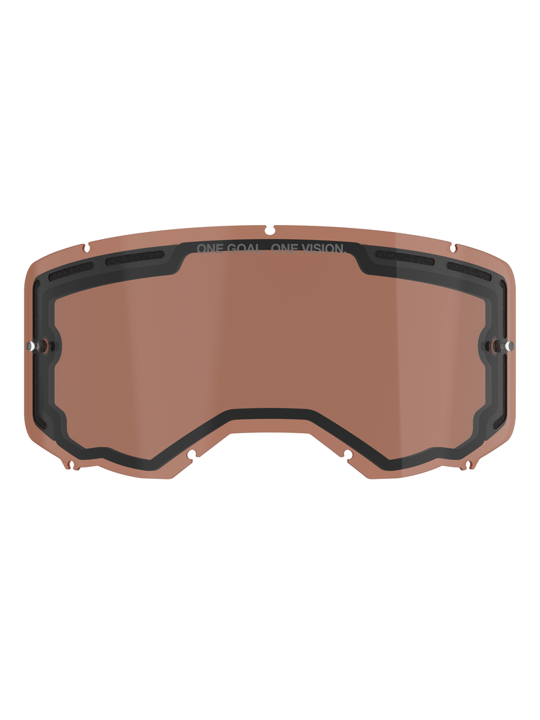Alpinestars Vision 8-5-3 Dual Pane Vented Lens, Copper Rose tinted replacement lens for motocross goggles, featuring integrated tear-off posts, top ventilation ports, and ONE GOAL ONE VISION branding.