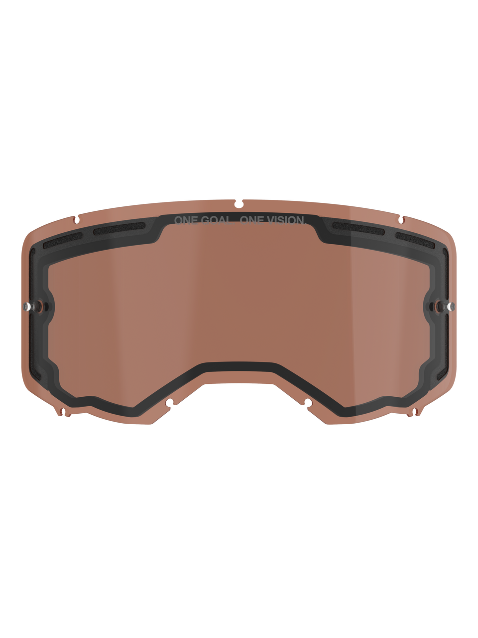 Alpinestars Vision 8-5-3 Dual Pane Vented Lens, Copper Rose tinted replacement lens for motocross goggles, featuring integrated tear-off posts, top ventilation ports, and ONE GOAL ONE VISION branding.