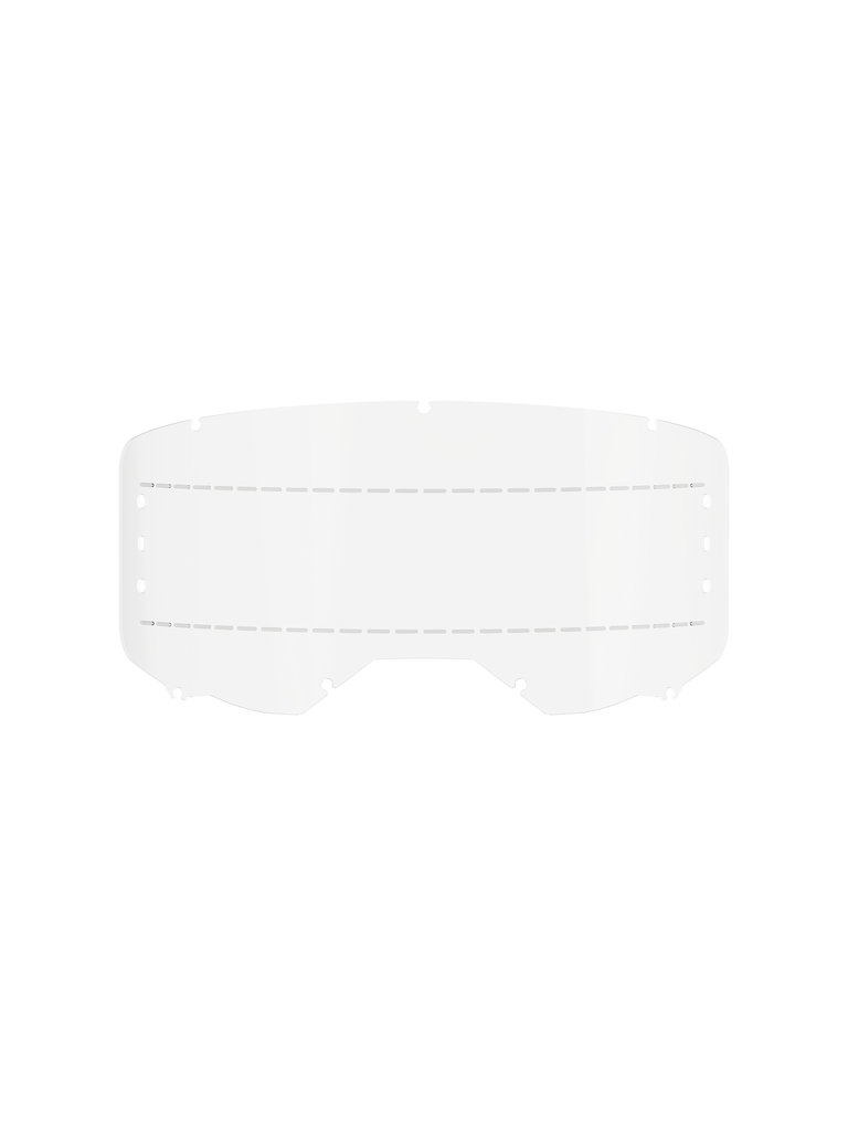 Alpinestars Vision 8-5-3 Roll Off Film, Clear, transparent polycarbonate replacement lens for motocross goggles, featuring dashed silicone glide lines and seven key-hole locking system, durable off-road racing accessory