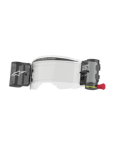 Alpinestars Vision 8-5-3 Roll Film Kit, Transparent Goggle Lens, integrated wide vision roll-off system with smoke-colored canisters, red pull knob, features 'ONE GOAL. ONE VISION.' branding, essential motocross racing accessory for clear visibility