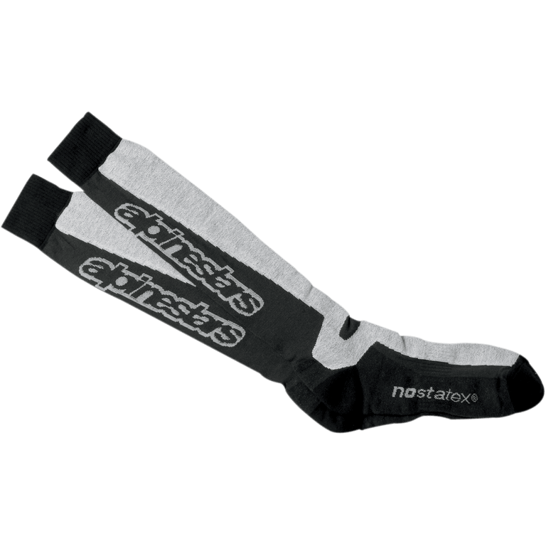 Alpinestars Thermal Tech Socks, Knee-High Motorcycle Performance Socks, Black and Gray, technical moisture-wicking knit with Nostatex technology and Alpinestars logo branding