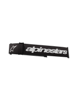 Alpinestars Supertech Goggles Strap, Black and White, featuring a prominent white Alpinestars wordmark and star logo, 45mm replacement strap for motocross goggles with silicone traction and click-snap attachment