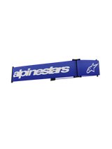 Alpinestars Supertech Goggles Strap, Motocross Goggles Accessory, Blue and White, featuring bold white Alpinestars text and star logo on a vibrant blue woven band, replacement strap with click-on snap interface for off-road racing.