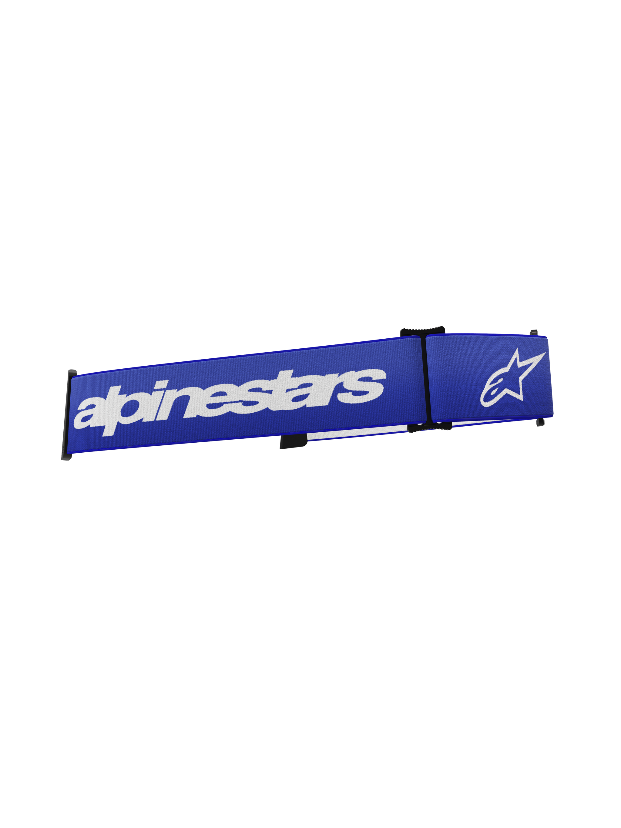 Alpinestars Supertech Goggles Strap, Motocross Goggles Accessory, Blue and White, featuring bold white Alpinestars text and star logo on a vibrant blue woven band, replacement strap with click-on snap interface for off-road racing.