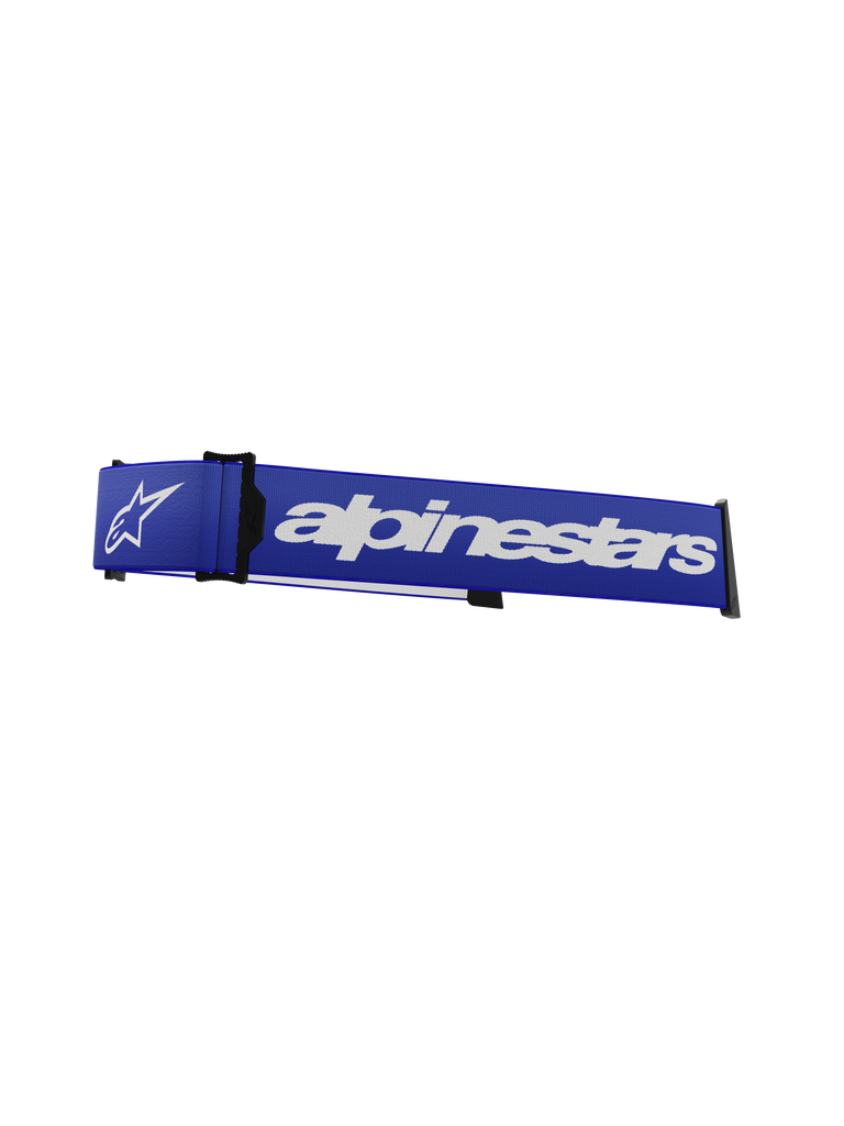 Alpinestars Supertech Goggles Strap, Motocross Goggle Replacement Strap, Blue and White, bold white Alpinestars wordmark and star logo, black ISP wedge and frame attachment clips, durable woven texture