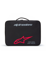 Alpinestars Supertech Vision Goggles Case, Black protective carrying case with top handle, featuring a grey brand logo, large red star logo, and 'ONE GOAL. ONE VISION.' slogan, durable storage for motocross goggles