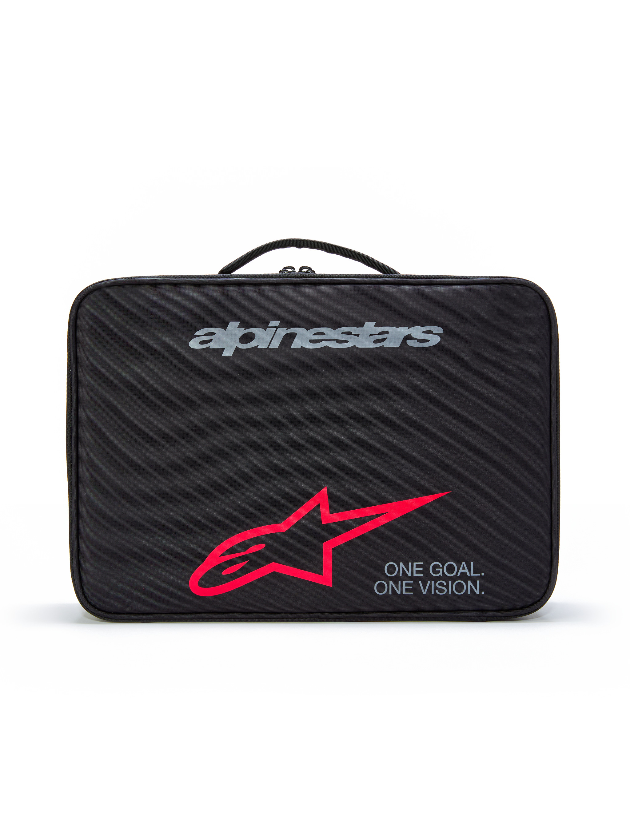 Alpinestars Supertech Vision Goggles Case, Black protective carrying case with top handle, featuring a grey brand logo, large red star logo, and 'ONE GOAL. ONE VISION.' slogan, durable storage for motocross goggles