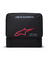 Alpinestars Supertech Vision Goggles Case, Black rectangular storage bag for motocross goggles, featuring grey Alpinestars logo, red A-star symbol, and "ONE GOAL. ONE VISION." text, durable polyester construction with zippered front pocket