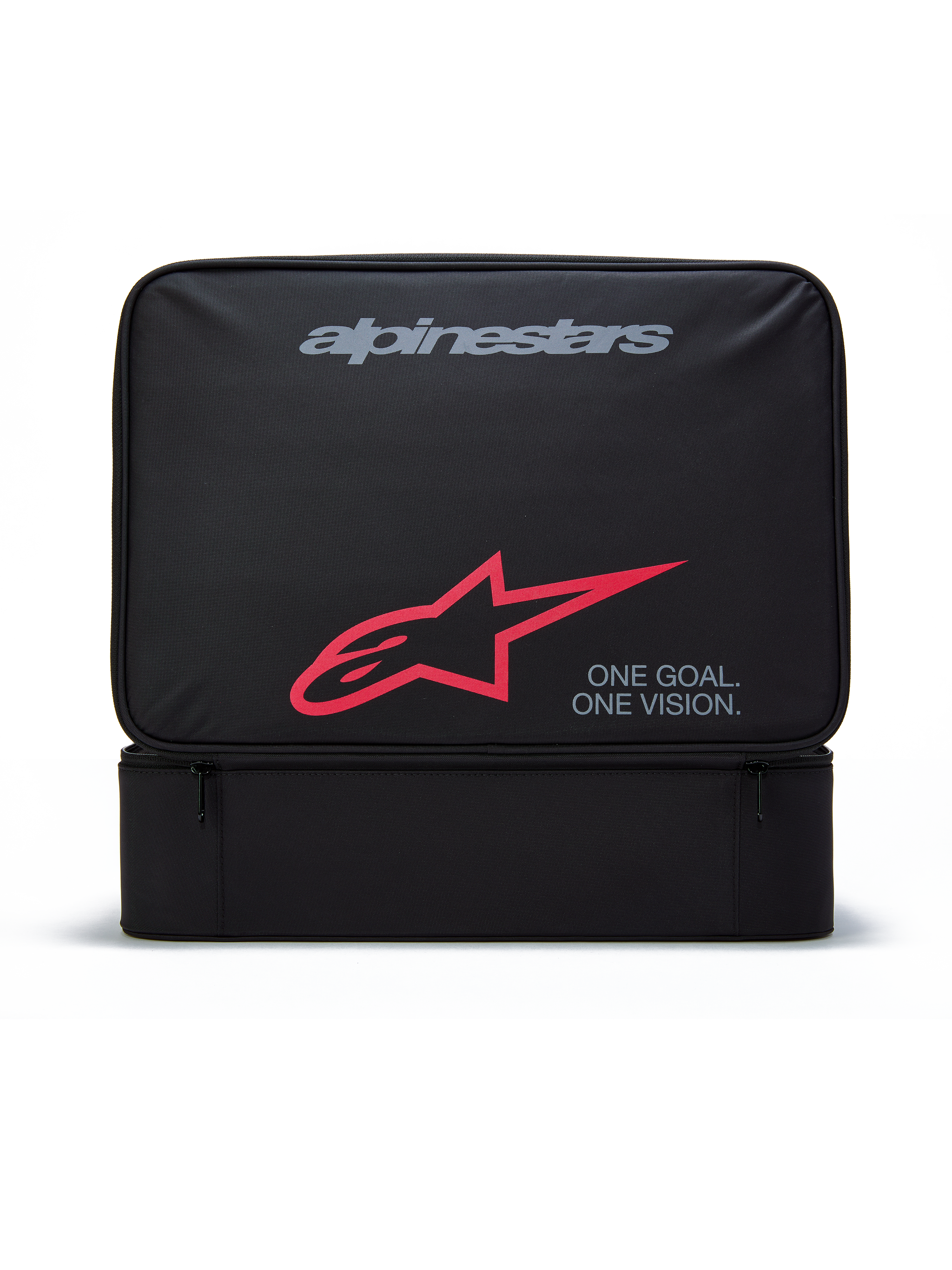 Alpinestars Supertech Vision Goggles Case, Black rectangular storage bag for motocross goggles, featuring grey Alpinestars logo, red A-star symbol, and "ONE GOAL. ONE VISION." text, durable polyester construction with zippered front pocket
