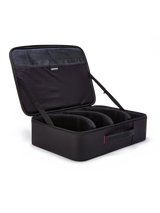 Alpinestars Supertech Vision Goggles Case, Black, open briefcase-style organizer for motocross goggles, featuring pre-curved modular dividers and mesh pockets on the lid, padded handle, durable construction for off-road gear storage