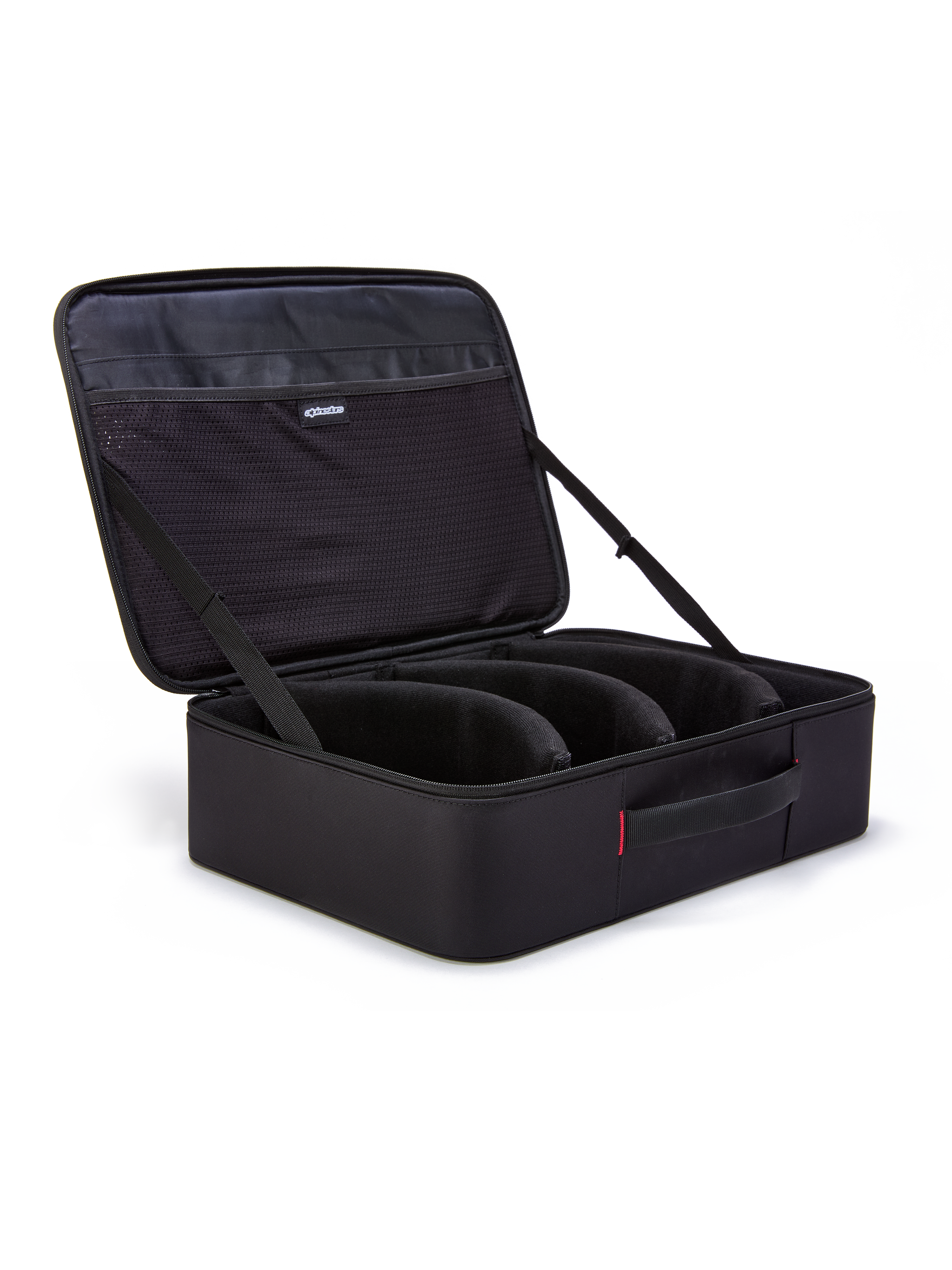 Alpinestars Supertech Vision Goggles Case, Black, open briefcase-style organizer for motocross goggles, featuring pre-curved modular dividers and mesh pockets on the lid, padded handle, durable construction for off-road gear storage