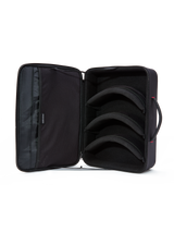 Alpinestars Supertech Vision Goggles Case, Black, open interior view, three modular pre-curved dividers for lens and goggle storage, soft mesh lid pockets for accessories, horizontal briefcase-style design with a padded handle, protective motocross gear organizer
