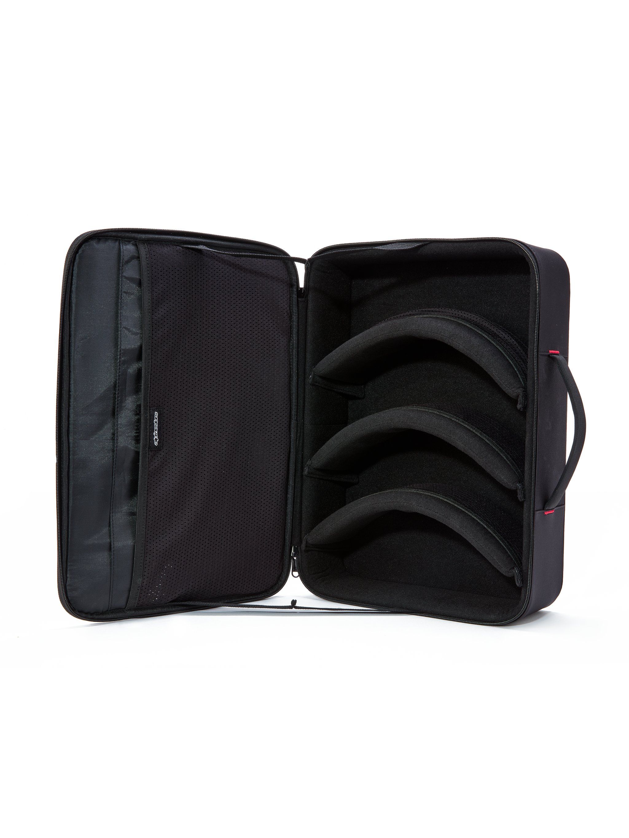Alpinestars Supertech Vision Goggles Case, Black, open interior view, three modular pre-curved dividers for lens and goggle storage, soft mesh lid pockets for accessories, horizontal briefcase-style design with a padded handle, protective motocross gear organizer