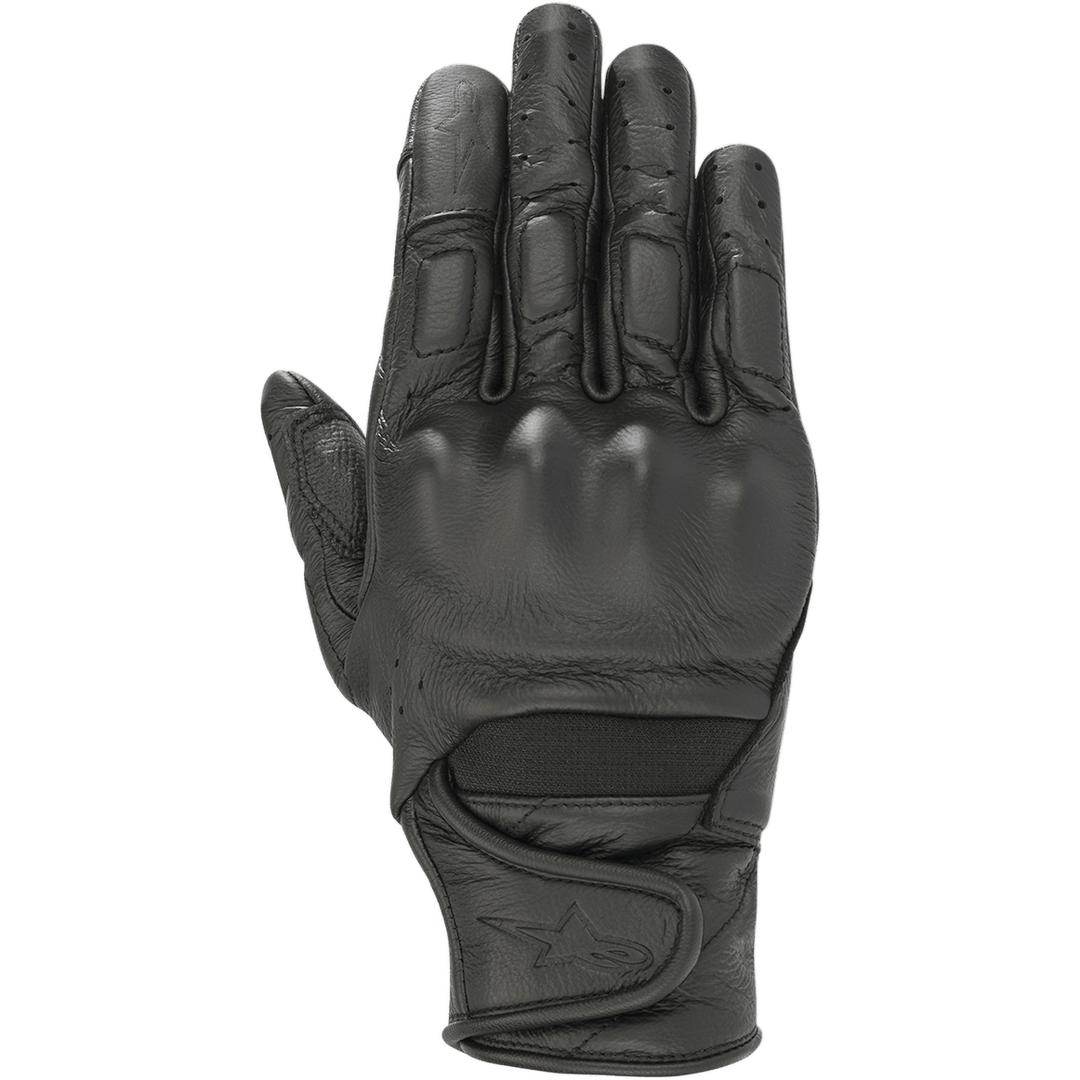 Alpinestars Stella Vika V2 Gloves, Women's Motorcycle Gloves, Black Leather, featuring perforated fingers for ventilation, viscoelastic knuckle protection, and a short cuff with a Velcro strap and star logo