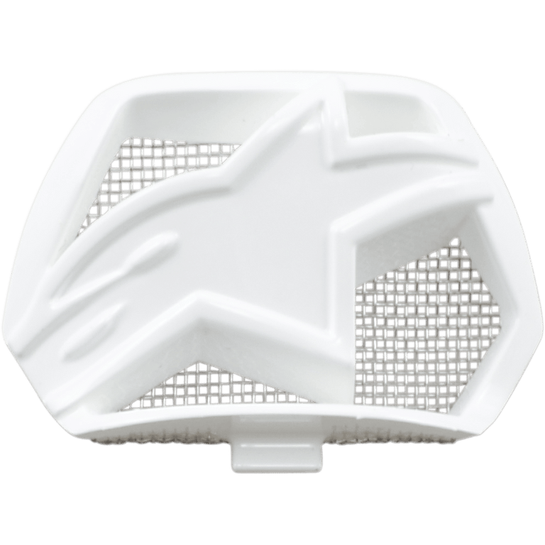 Alpinestars Supertech M10/M8 Helmet Chin Vent, White, replacement ventilation component featuring a star-shaped design and silver mesh grid backing, motorcycle helmet accessory