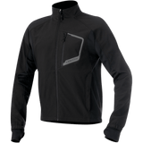 Alpinestars Tech Layer Top, Black Motorcycle Base Layer Jacket, Long Sleeves with seamless Lycra cuffs and thumb loops, High Collar, Vertical zippered chest pocket with reflective gray border and Alpinestars branding, Full-length front zipper, Technical windproof fabric