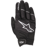 Alpinestars Atom Gloves, lightweight motorcycle riding gloves, Black and White, featuring a large white star logo on the backhand, mesh panels for ventilation, padded knuckles, and a secure hook-and-loop wrist closure