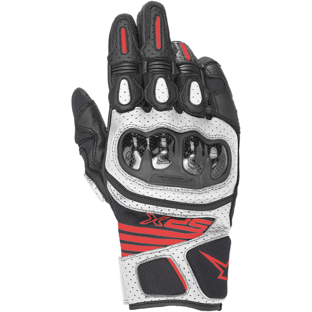 Alpinestars SPX AC V2 Gloves, Motorcycle Sport Gloves, Black White and Red Fluorescent, Carbon Fiber Knuckle Protection, Perforated Leather and Mesh Panels, SPX Branding on Wrist
