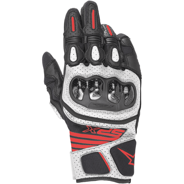 Alpinestars SPX AC V2 Gloves, Motorcycle Sport Gloves, Black White and Red Fluorescent, Carbon Fiber Knuckle Protection, Perforated Leather and Mesh Panels, SPX Branding on Wrist