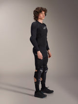 Alpinestars A-Impact Plasma Protection Jacket - Long Sleeve, Black, worn by a model with matching protective gear including knee guards and shorts, featuring white Astars logos, breathable mesh construction, and streamlined design for off-road cycling.