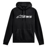 Alpinestars Blaze V3 Hoodie, Black and White Sportswear Pullover, featuring a front Blaze 2.0 logo print, jersey-lined hood, and rib cuffs