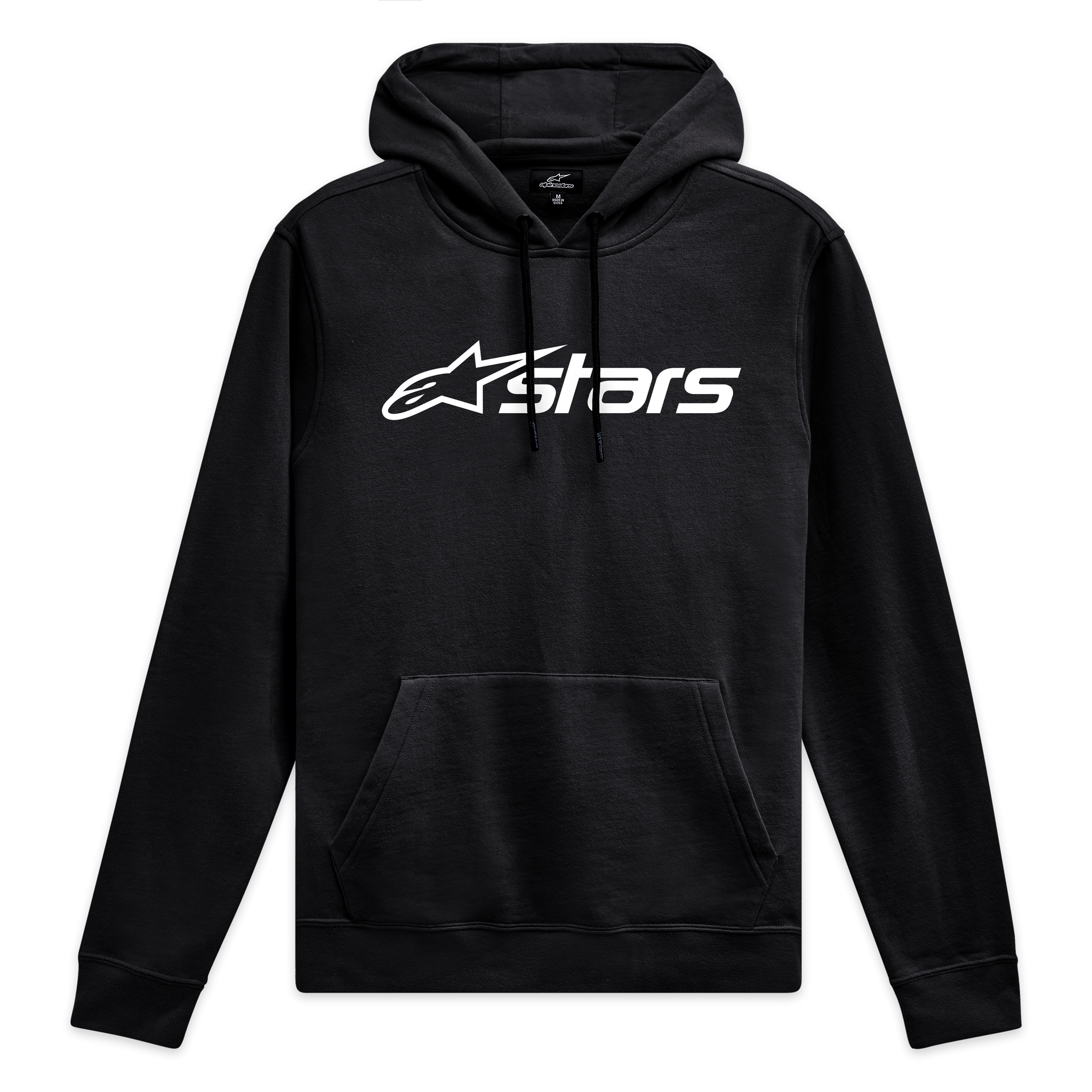 Alpinestars Blaze V3 Hoodie, Black and White Sportswear Pullover, featuring a front Blaze 2.0 logo print, jersey-lined hood, and rib cuffs