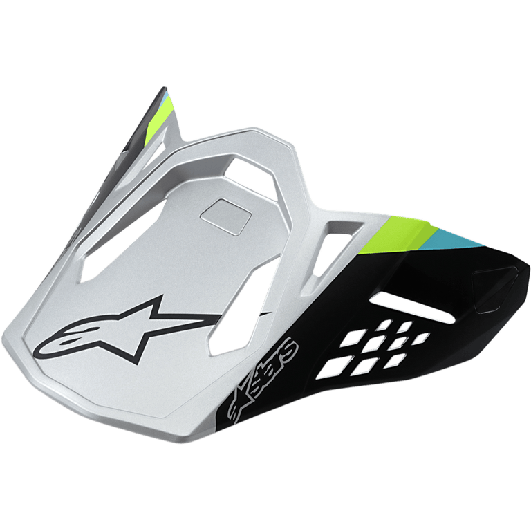 Alpinestars Supertech M8 Helmet Visor Contact, Matte Silver and Black, Lime Green and Cyan accents, angular aerodynamic design with black star logo, geometric ventilation cutouts, replacement peak for motocross helmets
