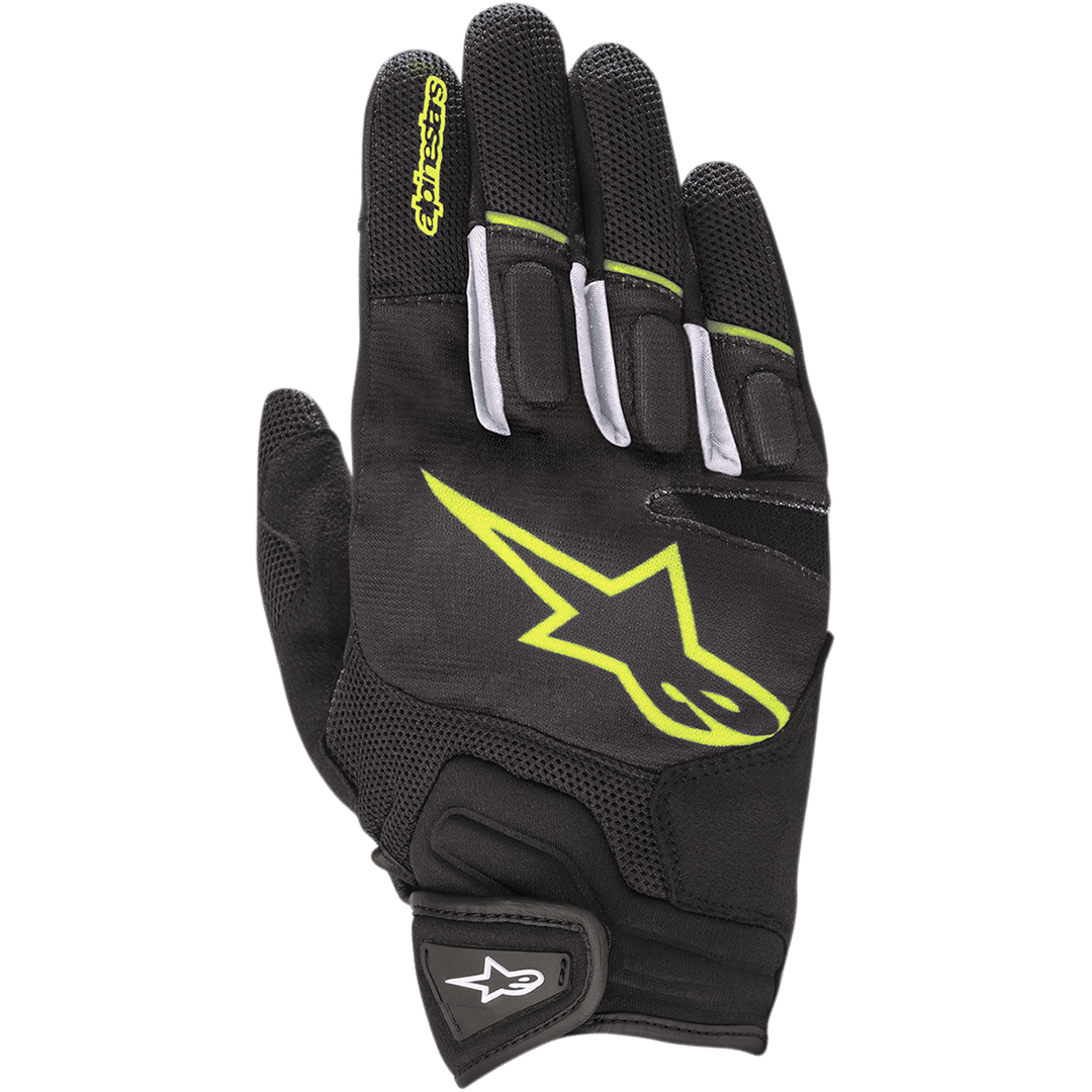 Alpinestars Atom Gloves, lightweight motorcycle road gloves, Black and Yellow Fluorescent, mesh shell for airflow, large fluorescent yellow logo on backhand, white finger accents, and hook-and-loop wrist strap for urban use.
