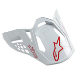 Alpinestars Supertech M10 Dyno Helmet Visor, Gloss White and Red, featuring red star logos and aerodynamic cut-out design, replacement peak for motocross and off-road helmets