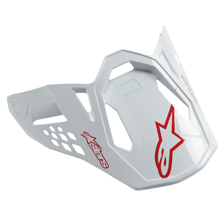 Alpinestars Supertech M10 Dyno Helmet Visor, Gloss White and Red, featuring red star logos and aerodynamic cut-out design, replacement peak for motocross and off-road helmets