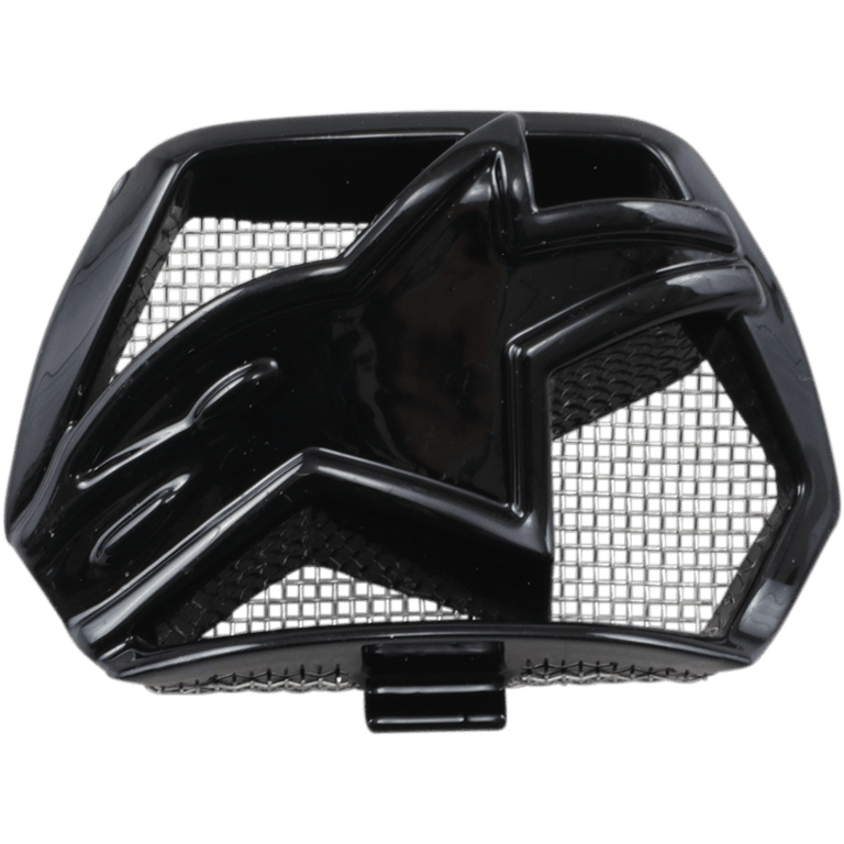Alpinestars Supertech M10/M8 Helmet Chin Vent, Black glossy plastic replacement part, featuring a central star-shaped logo and internal mesh grid, motocross helmet ventilation accessory
