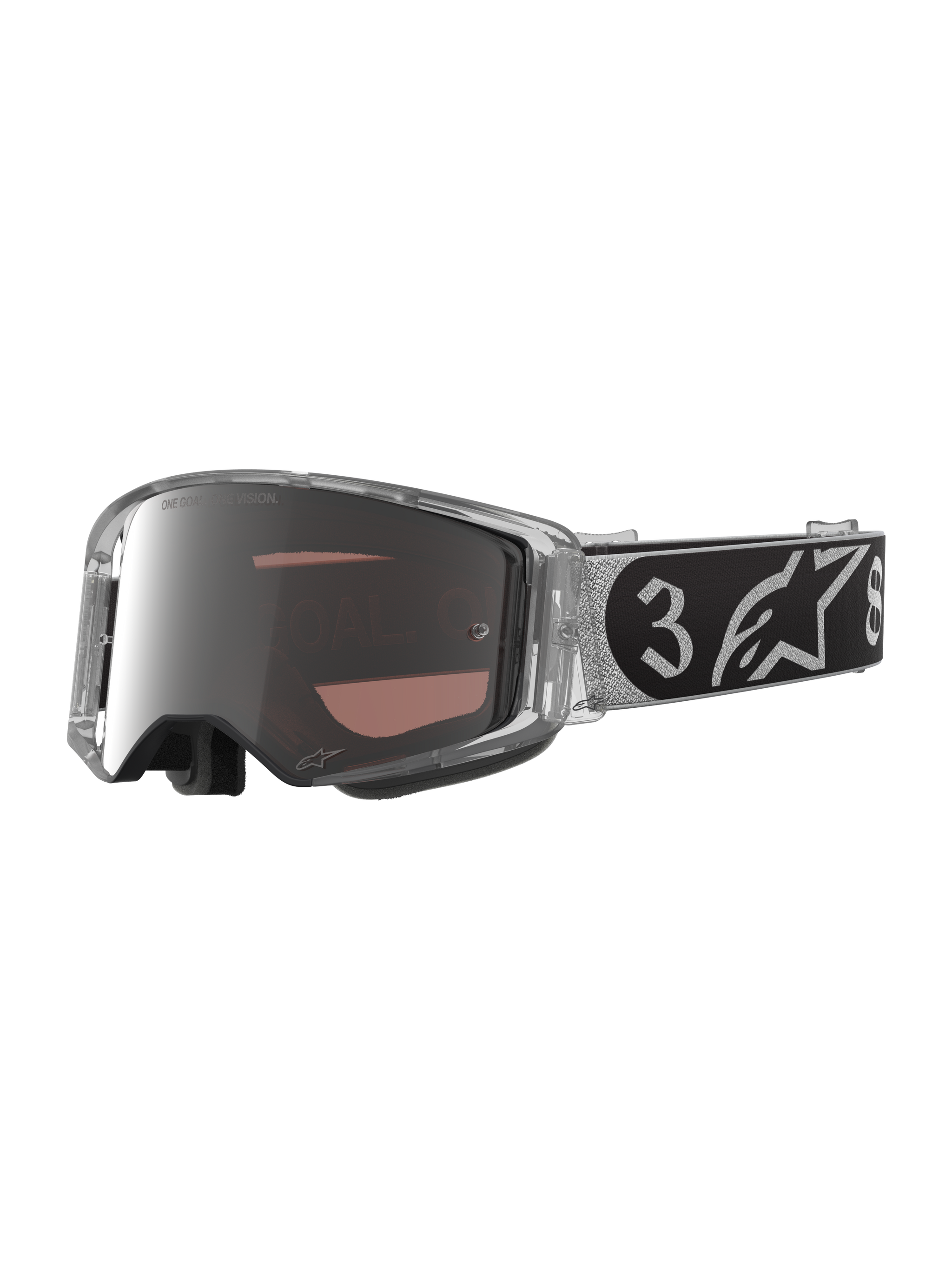 Alpinestars DNGR38 XXV Supertech Vision Motocross Goggles in silver and black with mirrored silver lenses.