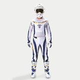 Alpinestars Techstar Dress Whites Tropical LE Pants, motocross racing outfit in white and dark blue with gold details.