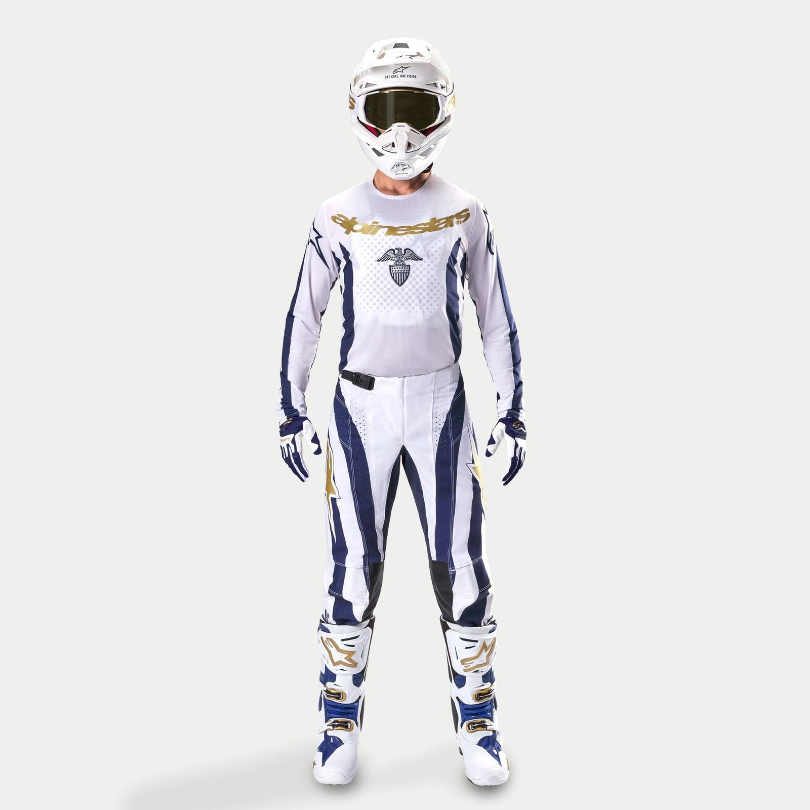 Alpinestars Techstar Dress Whites Tropical LE Pants, motocross racing outfit in white and dark blue with gold details.