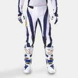 Alpinestars Techstar Dress Whites Tropical LE Pants, White and Blue Motocross Racing Pants with Gold accents.