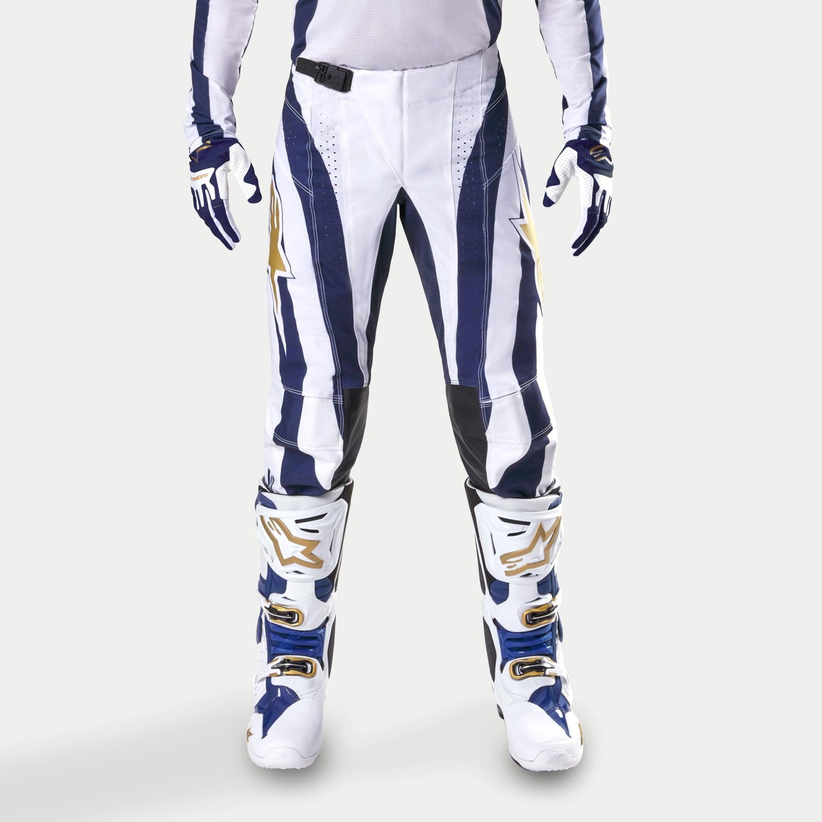 Alpinestars Techstar Dress Whites Tropical LE Pants, White and Blue Motocross Racing Pants with Gold accents.