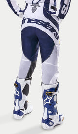 Alpinestars Techstar Dress Whites Tropical LE Pants, White and Dark Blue Motocross Pants featuring mesh zones and leather knees.