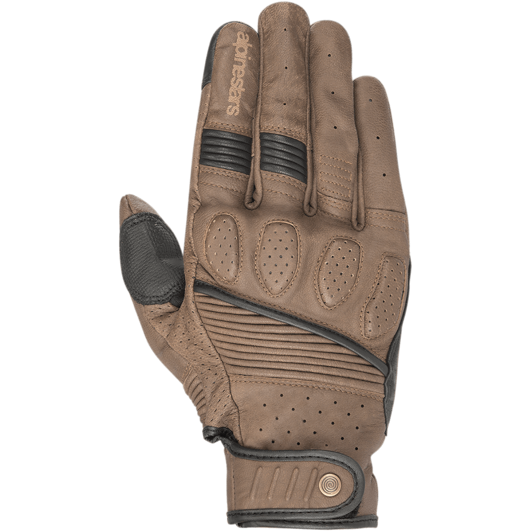 Alpinestars Crazy Eight Gloves, Brown and Black Motorcycle Gloves, premium perforated leather construction, padded knuckle protection, accordion stretch panels, heritage-style snap button wrist closure, urban riding gear