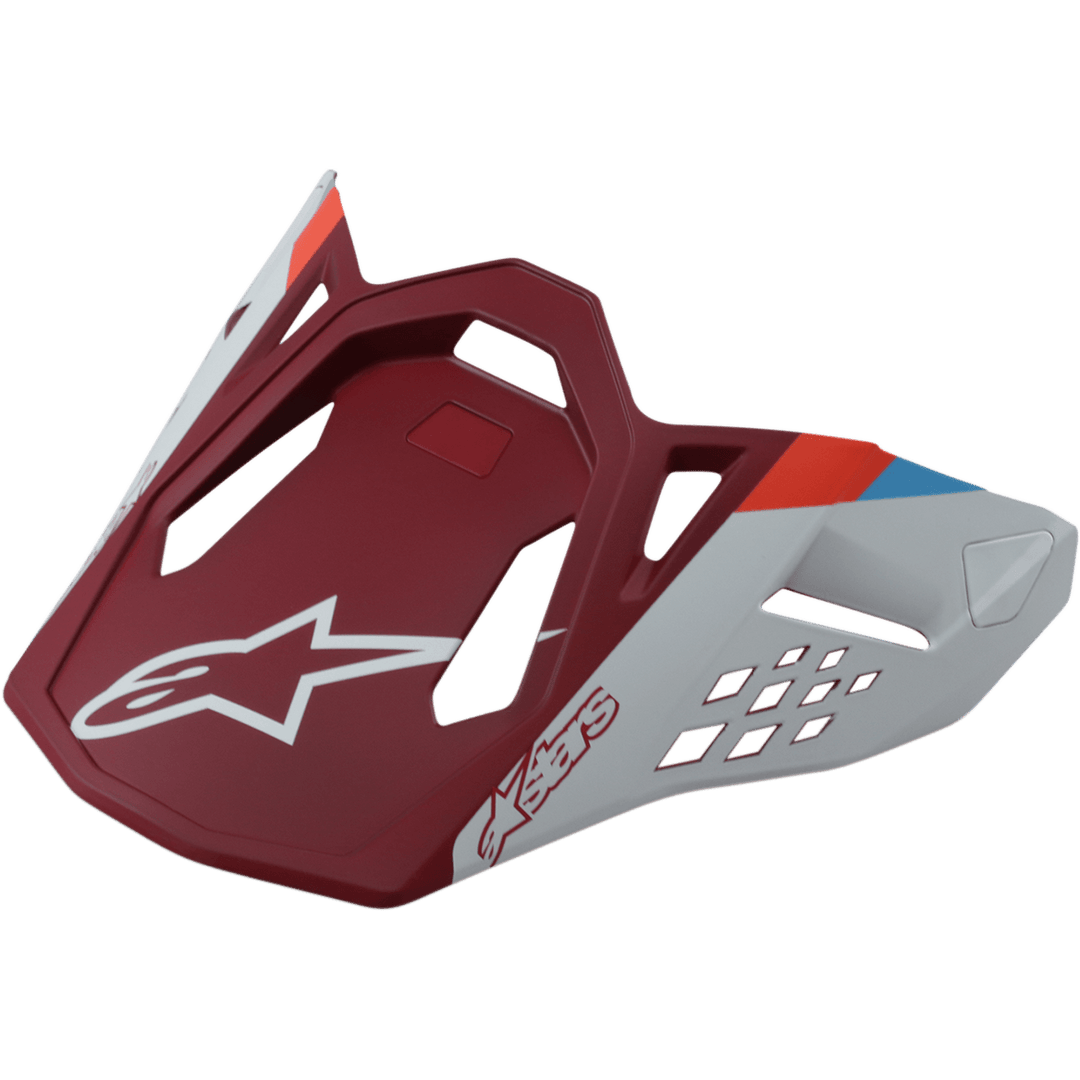 Alpinestars S-M8 Helmet Visor Contact, Motorcycle Helmet Visor, Matte Red and Light Gray, featuring white star logo, aerodynamic design with geometric cutouts, red and blue stripe accents
