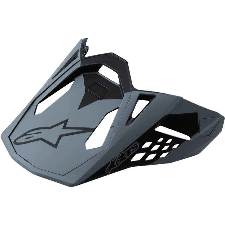 Alpinestars Supertech M10 Meta Helmet Visor, replacement peak for motocross helmets, Matte Black and Gray, featuring a black Astar logo and geometric ventilation cutouts, aerodynamic design for off-road racing